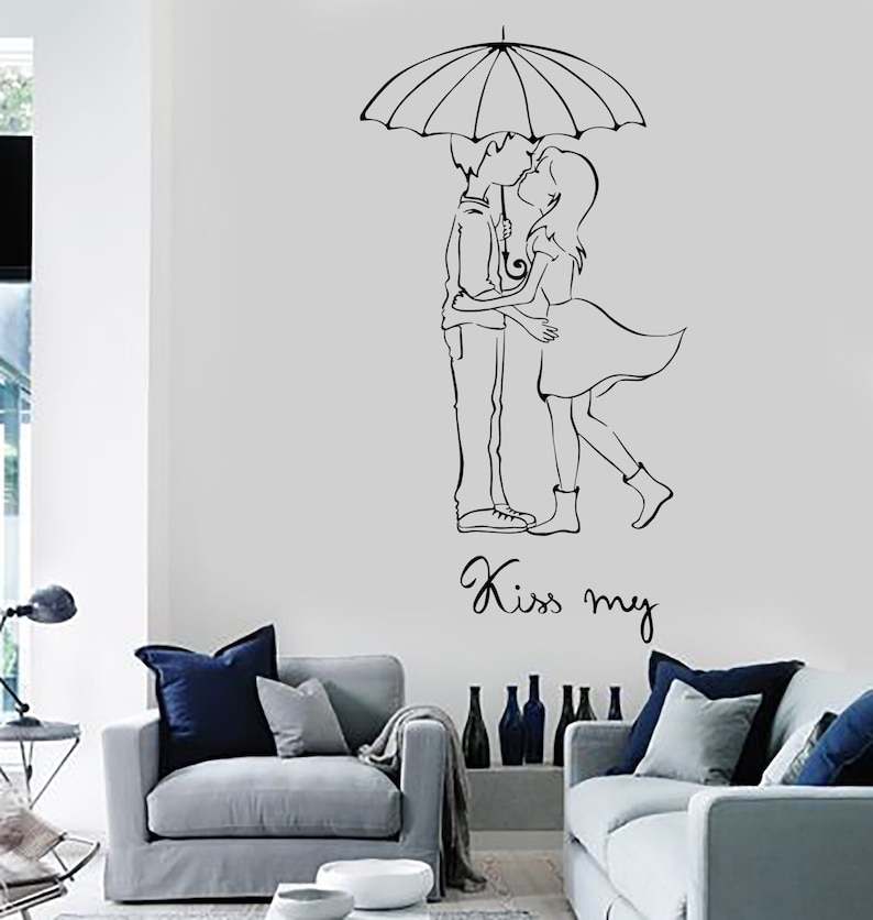 Wall Vinyl Decal Romantic Quotes Kiss Me Girl Boy Umbrella Amazing Decor 1498dz image 1