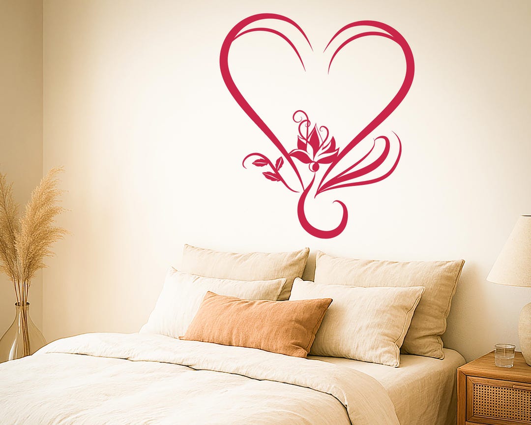 Wall Vinyl Decal Love Heart and Lotus Flower Romantic Symbols of Love ...