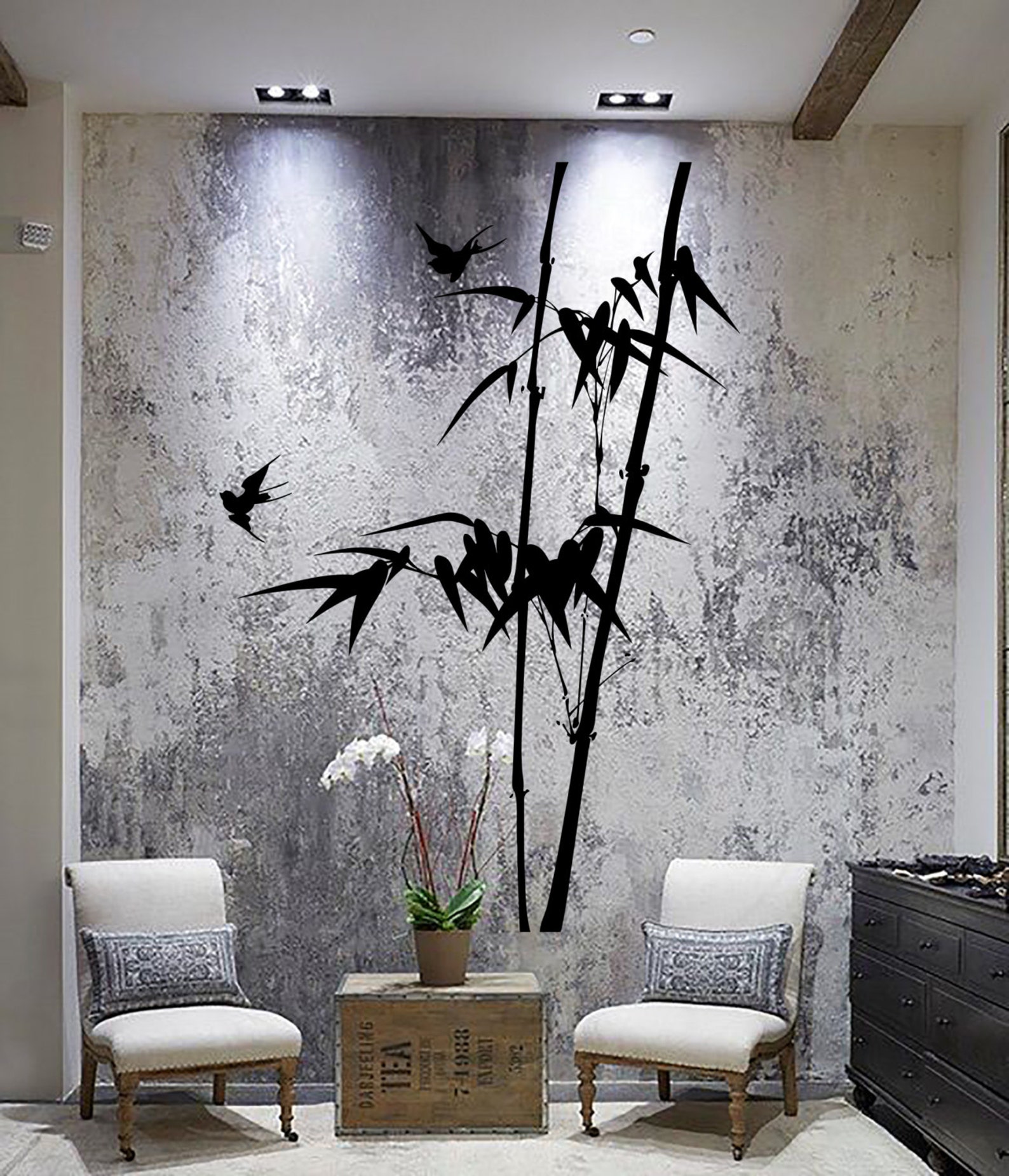 Wall Vinyl Decal Tree Bamboo Outline With Branches and Birds Modern ...