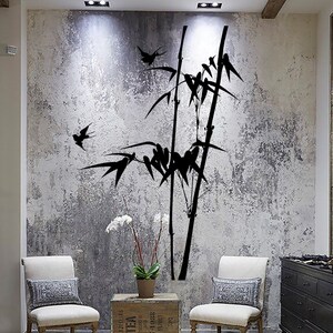 Wall Vinyl Decal Tree Bamboo Outline With Branches and Birds Modern ...