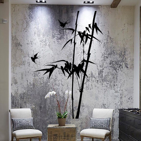 Wall Vinyl Decal Tree Bamboo Outline with Branches and Birds Modern Decor Living Room Center Focal Point (#1055dz)