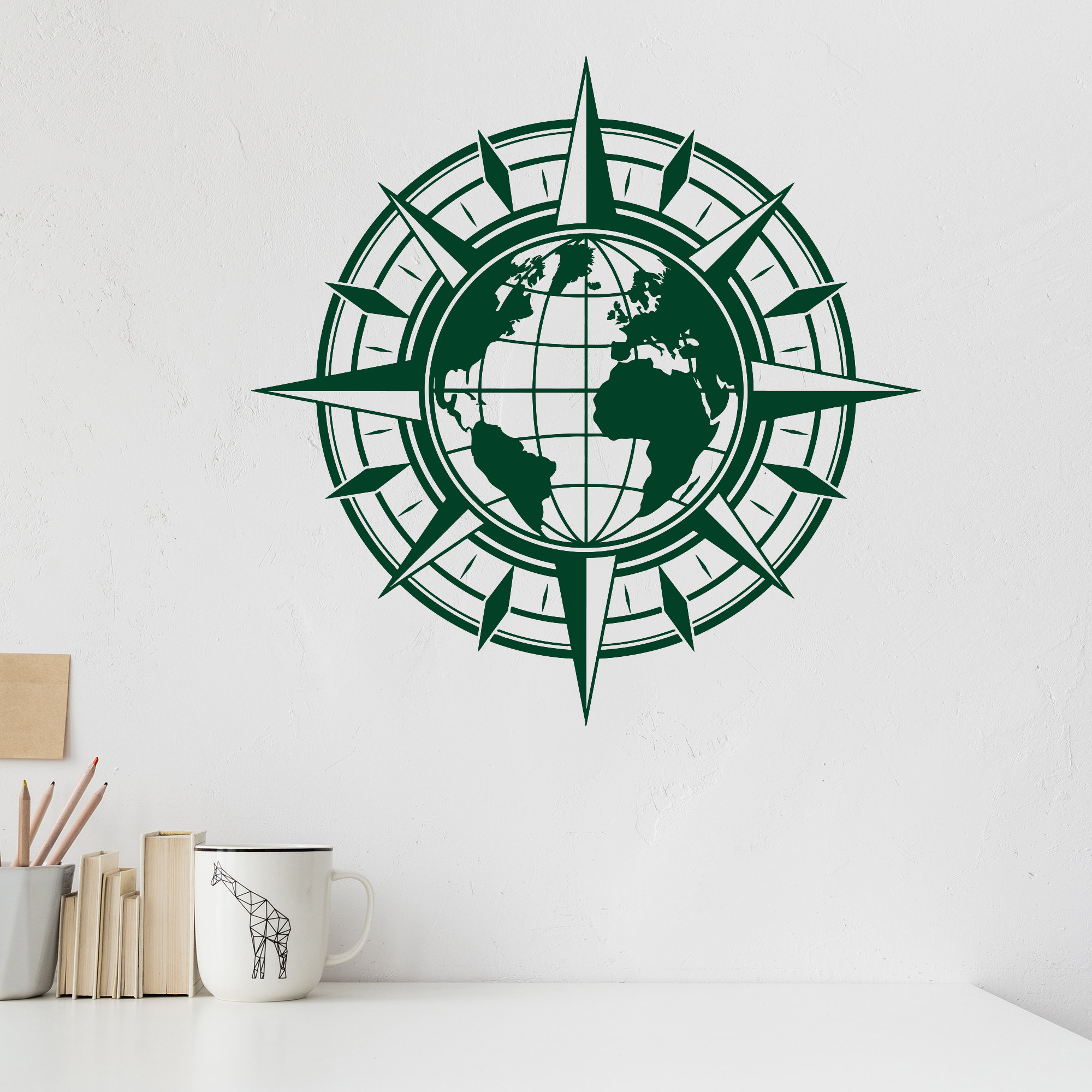 World Map Compass Rose Vinyl Wall Decal: Navigation Stickers (#1442da ...