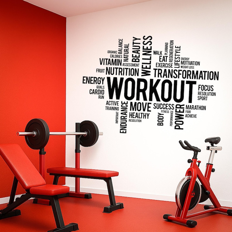Vinilo decorativo motivacional para gimnasio en casa: pegatina de vinilo para sala de fitness y espacio de bienestar - Nube de palabras deportivas (3158di) imagen 9