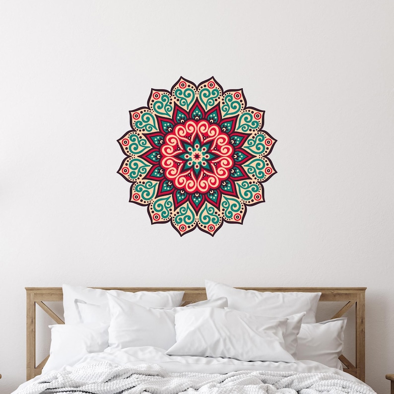 Boho Mandala Wall Decal: Teal, Crimson Flower Vinyl Art Dci57 - Etsy