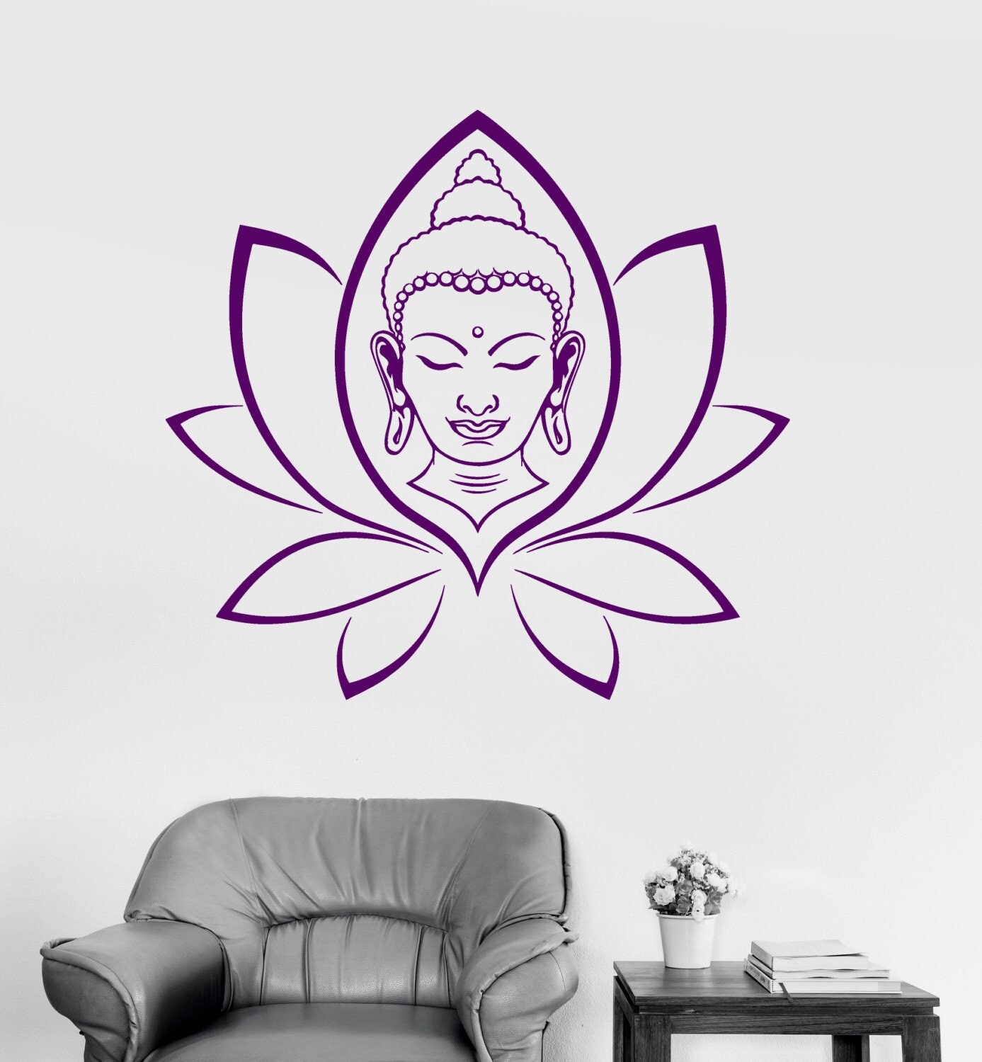 Buddha Face Vinyl Wall Decal Yoga Lotus Meditation Buddhism Room Art ...