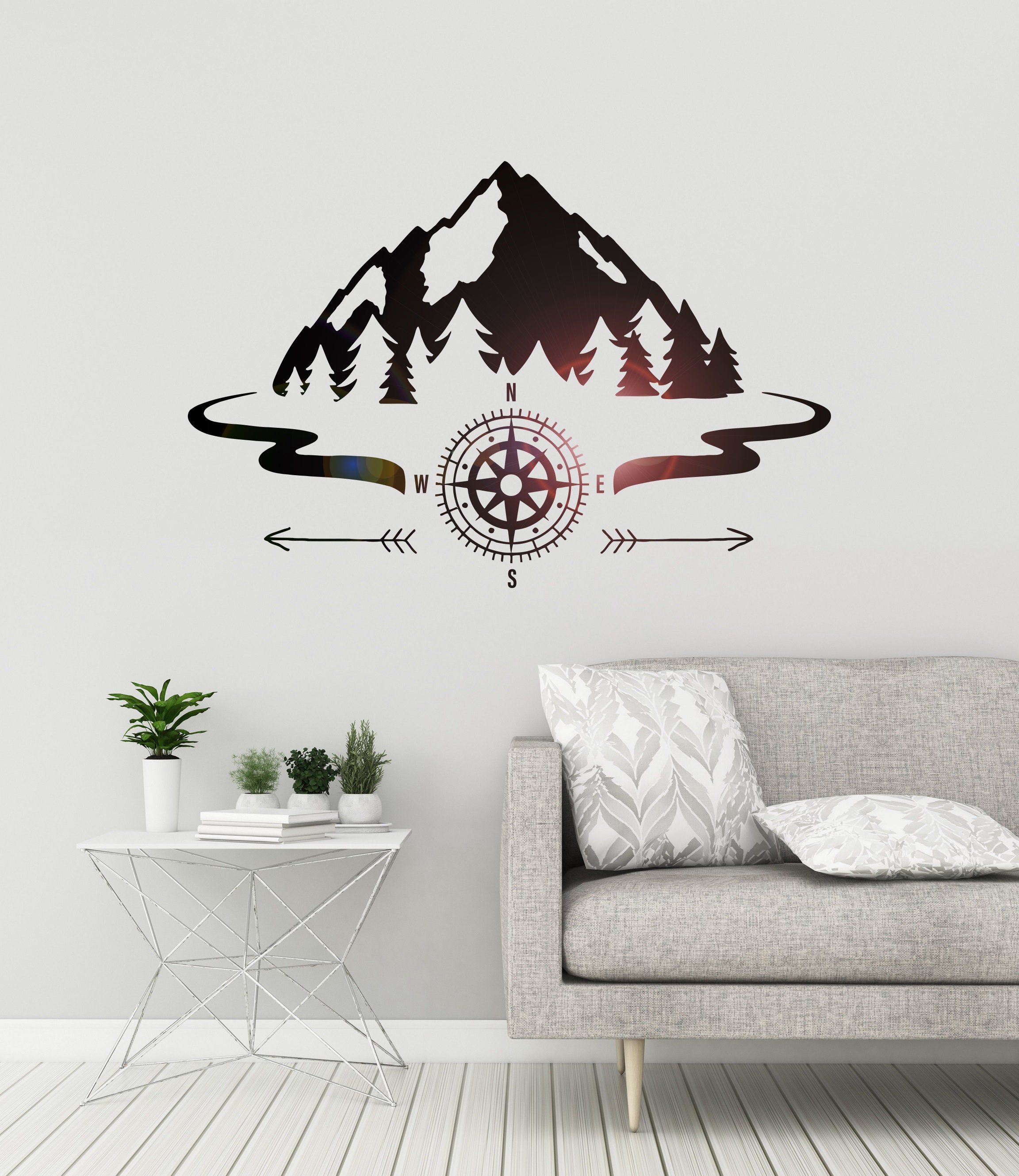 Mountains Vinyl Wall Decal Trees Forest Nature Compass Camp Camping Stickers Mural 3162di