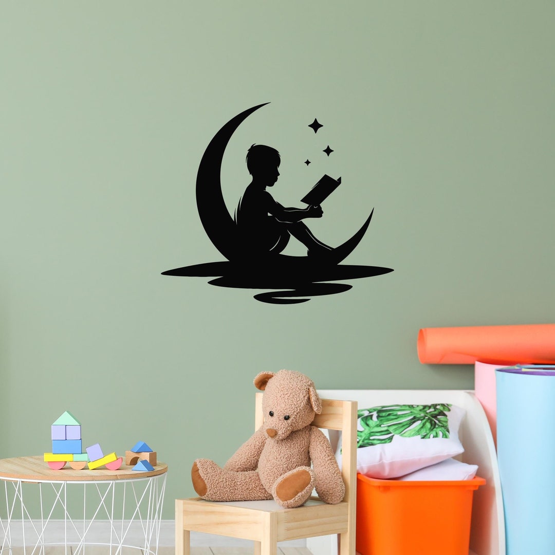 Reading Boy Vinyl Wall Decal Moon Crescent Stars Bedroom Decoration ...