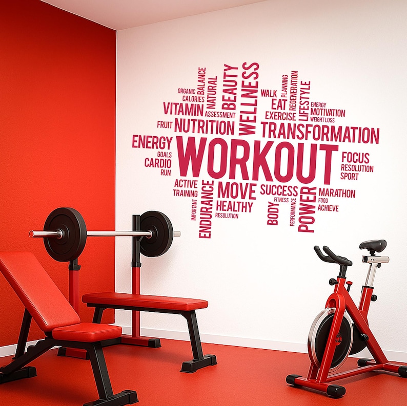 Vinilo decorativo motivacional para gimnasio en casa: pegatina de vinilo para sala de fitness y espacio de bienestar - Nube de palabras deportivas (3158di) imagen 8