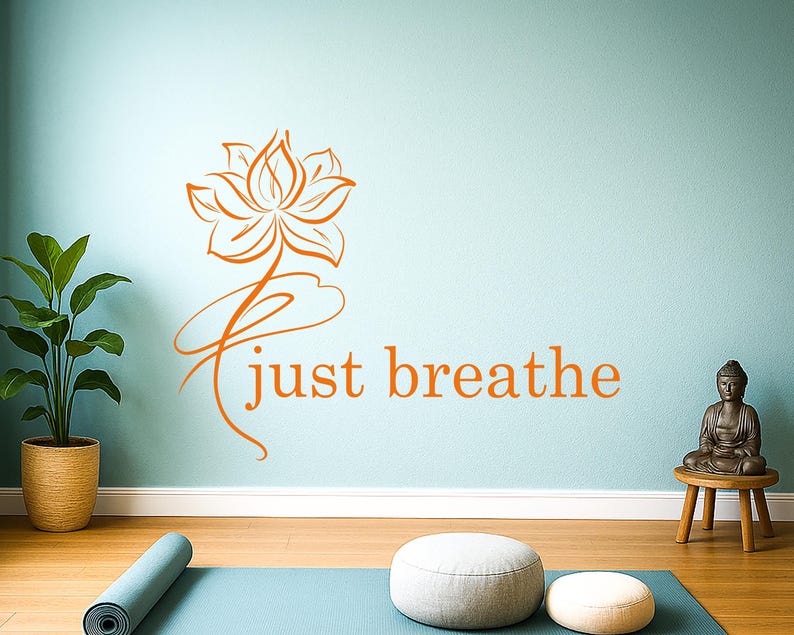 Just Breathe Vinyl Wall Decal Lotus Flower | Yoga Studio Wall Art ...