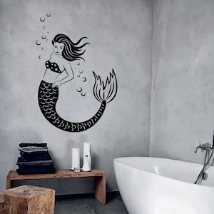 Wall Vinyl Decal Mermaid Beauty Aquatic Sea Creature Water Bubbles Nautical Beach House Modern Home Decor (#1184dz)
