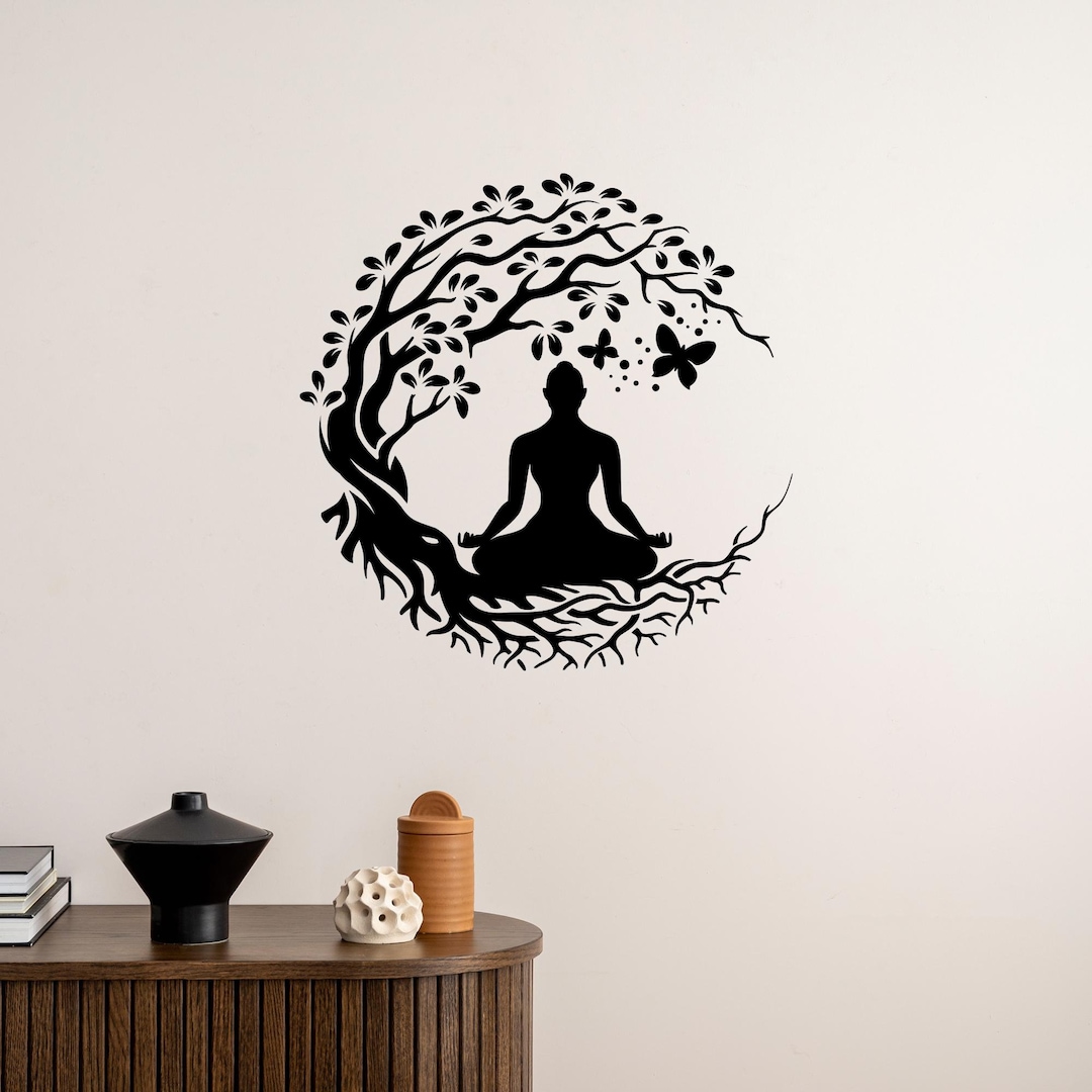 Buddha Silhouette Vinyl Wall Decal Yoga Pose Tree Meditation Room Zen ...