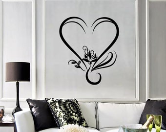 Mur en vinyle autocollant amour coeur et fleur de Lotus symboles romantiques d'amour moderne abstrait maison Art déco (#1252da)