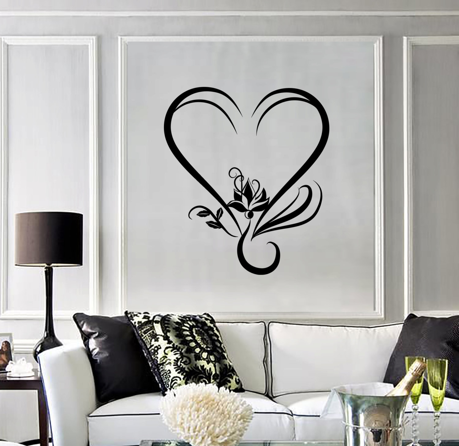 Wall Vinyl Decal Love Heart and Lotus Flower Romantic Symbols of Love ...