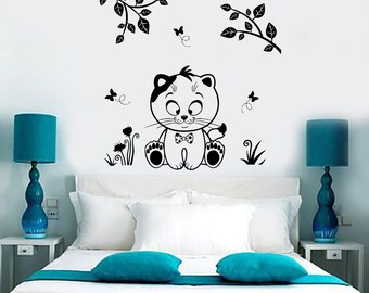 Wall Vinyl Decal Nursery Cat Kitty Kids Children Butterfly Floral Decor 1378dz