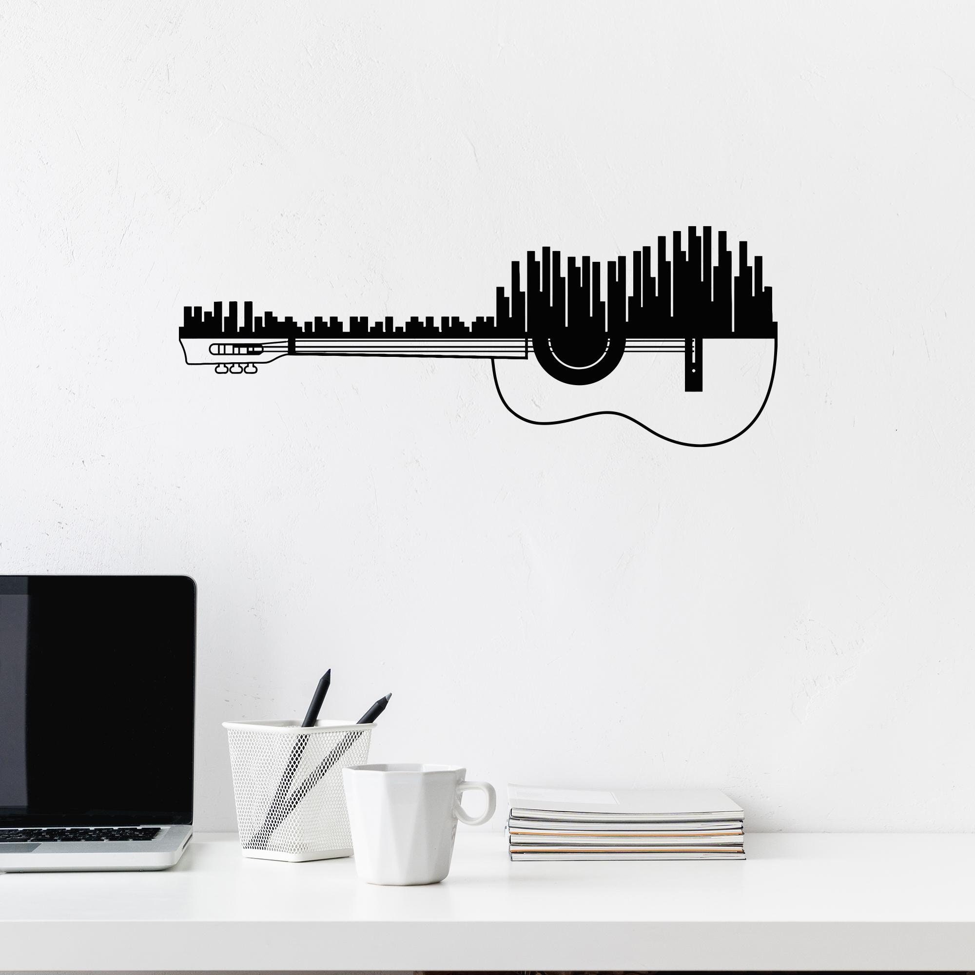 Acoustic Guitar Vinyl Wall Decal City Skyline Teen Room Musical ...