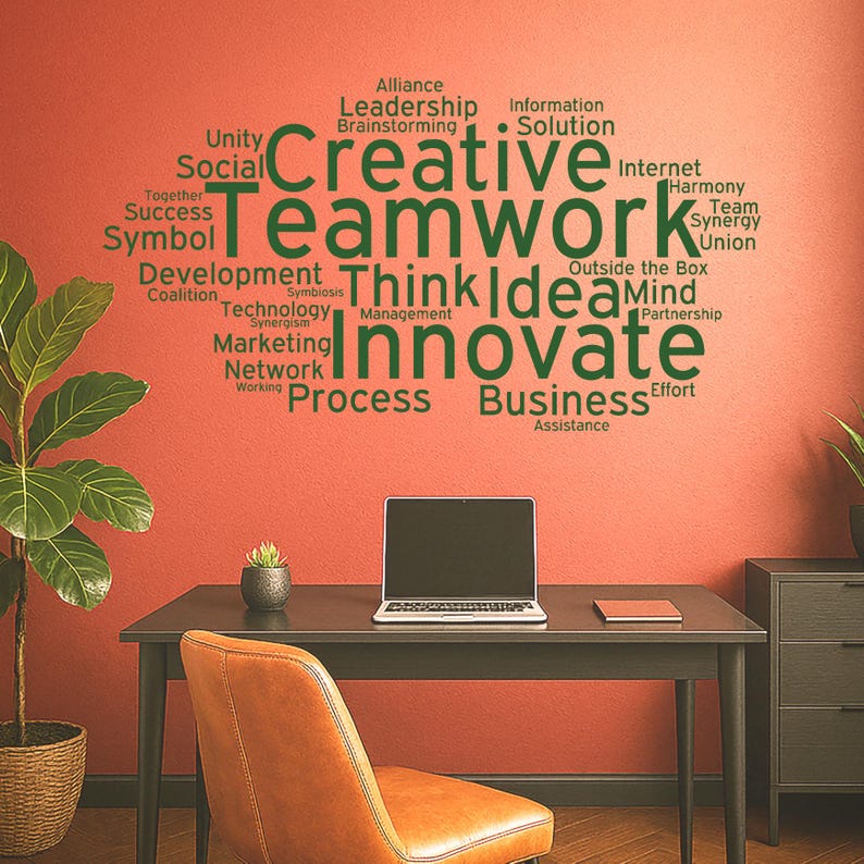 Teamwork Wort Wolke Wandtattoo - Büro Motivation Vinyl Aufkleber - Team Wörter Typografie Kunst für die Arbeitsplatz Dekoration Aufkleber Wandbild 2550di Bild 1
