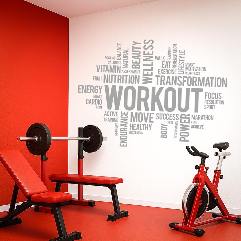 Vinilo decorativo motivacional para gimnasio en casa: pegatina de vinilo para sala de fitness y espacio de bienestar - Nube de palabras deportivas (3158di) imagen 7