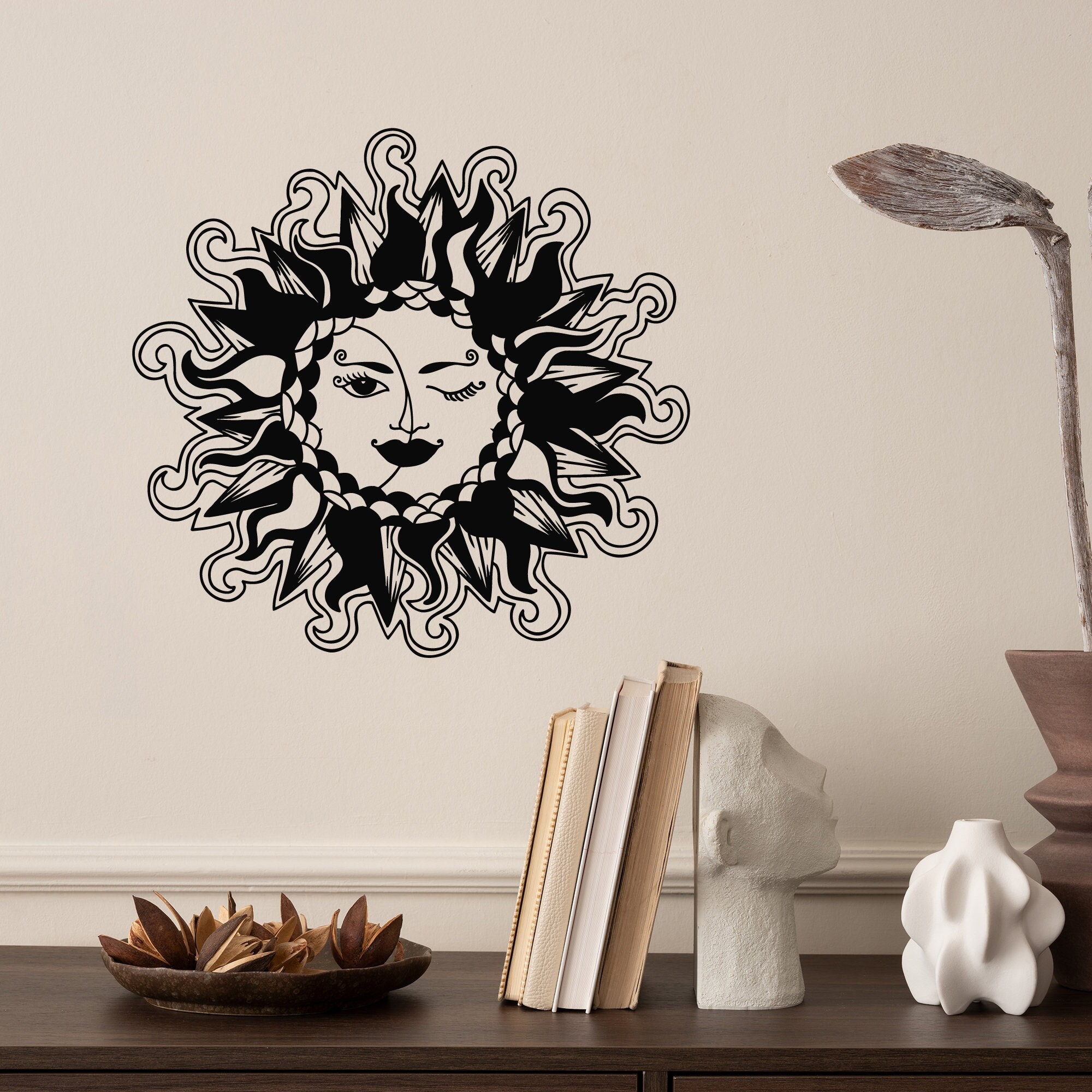 Sun Vinyl Wall Decal Crescent Moon Face Day Night Bedroom Decor Hands ...