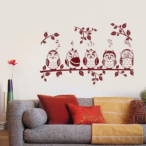 Wall Vinyl Decal Birds Baby Owls Sitting on a Tree Branch Cute Nursery Modern Home Decor (#1093dz)