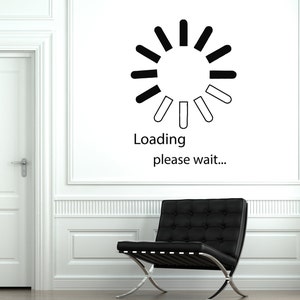 May include: Black and white loading icon with the text "Loading please wait..." on a white wall with a black chair in the foreground.