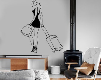 Wall Decal Modern Design Woman with Guitar and Suitcase Travel 