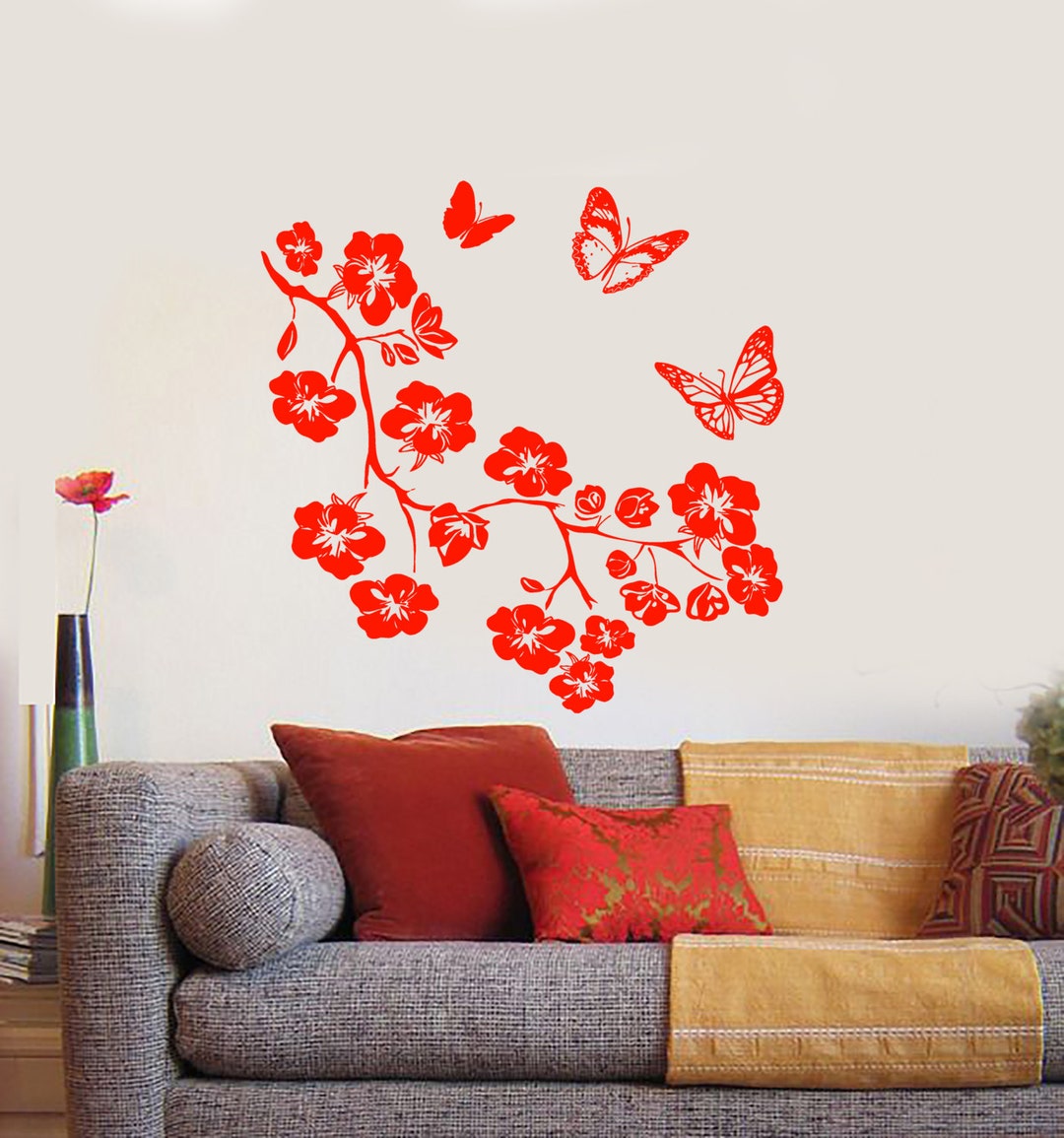 Wall Vinyl Decal Flowers Tree Branch and Butterflies Ornament Etsy