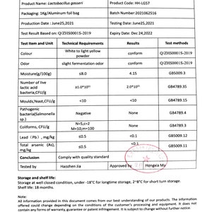 May include: Certificate of Analysis for Lactobacillus gasseri, a probiotic bacteria. The document includes details about the product code, batch number, production date, testing date, expiry date, and test results. The test results include color, odor, moisture, number of live lactic acid bacteria, molds, yeast, pathogenic bacteria, coliforms, lead, and total arsenic. The document also includes the test methods used and the technical requirements for each test. The document is signed by Haozhen Jia and Hongxia Ma.