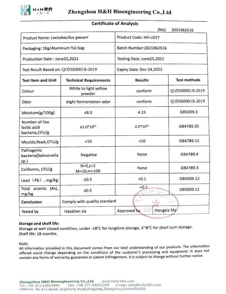 May include: Certificate of Analysis for Lactobacillus gasseri, a probiotic bacteria. The document includes details about the product code, batch number, production date, testing date, expiry date, and test results. The test results include color, odor, moisture, number of live lactic acid bacteria, molds, yeast, pathogenic bacteria, coliforms, lead, and total arsenic. The document also includes the test methods used and the technical requirements for each test. The document is signed by Haozhen Jia and Hongxia Ma.