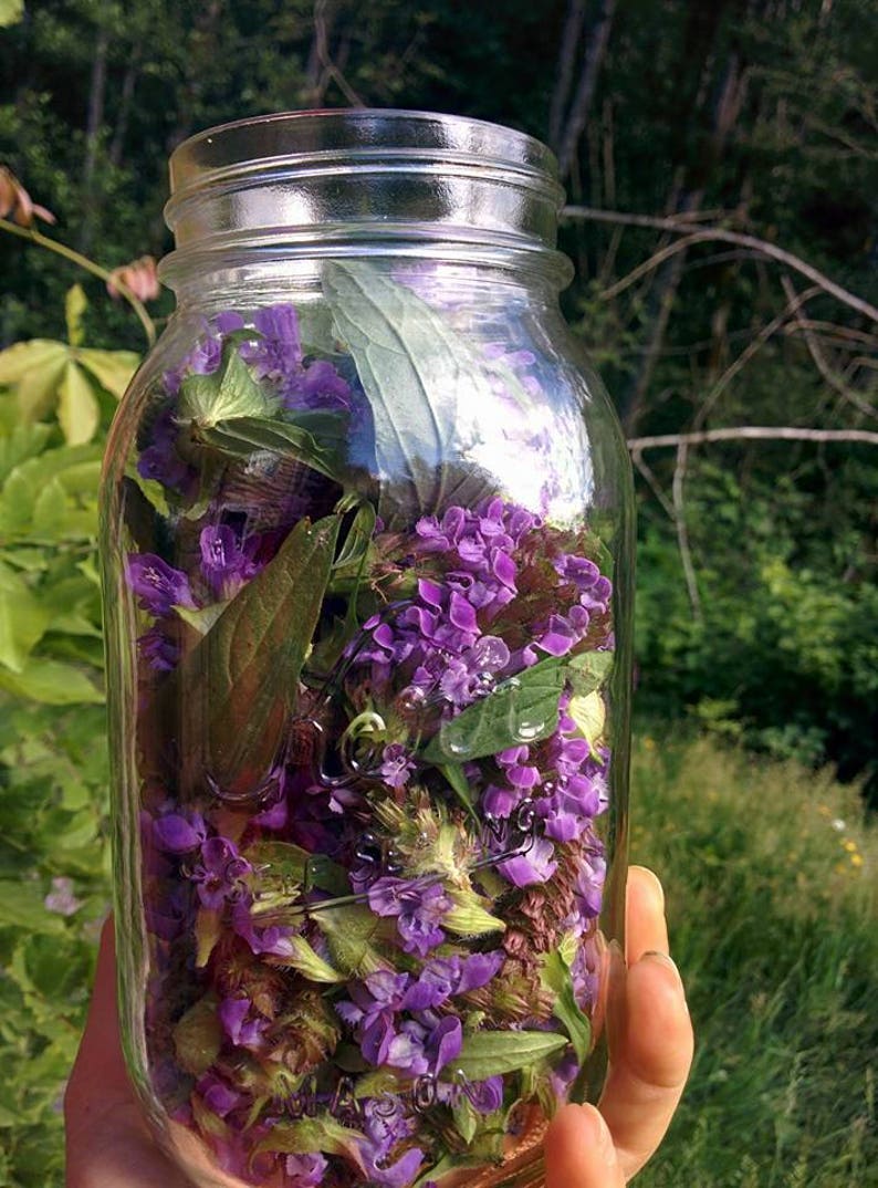 May include: A glass jar filled with purple flowers and green leaves. The jar is clear and has a wide mouth. The flowers are in bloom and the leaves are fresh.