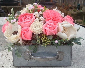 Pink Sola Flower Arrangement Rustic Wood Flower Centerpiece