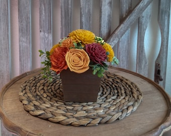 Rustic Fall Sola Wood Flower Centerpiece in Dark Wood Box – Autumn Table Décor