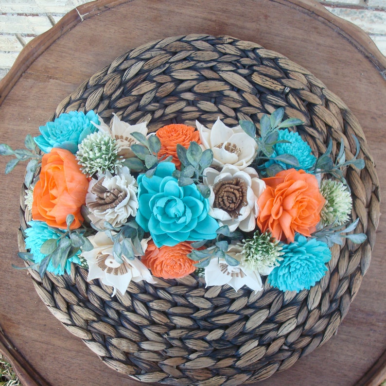 Teal and Orange Wood Florals, Sola Wood Flowers, Gift for her. Dried Flower Arrangement, Mother's day image 5