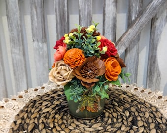 Rustic Fall Sola Wood Flower Arrangement, Handcrafted Autumn Centerpiece