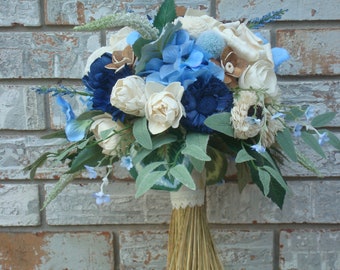 Bridal Bouquet in Blues and Creams, Sola Wood Flower Bridal Bouquet, Keepsake Bouquet, Eco-Friendly Bridal Bouquet,