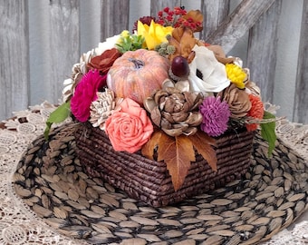 Rustic Fall Sola Wood Flower Centerpiece, Basket, Farmhouse Decor