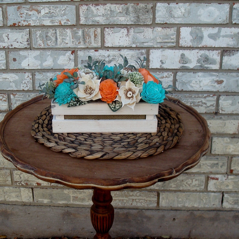 Teal and Orange Wood Florals, Sola Wood Flowers, Gift for her. Dried Flower Arrangement, Mother's day image 1