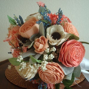Wooden Flower Bouquet, Blue and Peach, Boho Wedding, Keepsake Bridal Bouquet