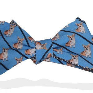 以下が含まれることがあります： 白い背景にコーギー犬の模様が施された青い蝶ネクタイ。蝶ネクタイには黒いストライプと白黒の市松模様が裏側にあります。