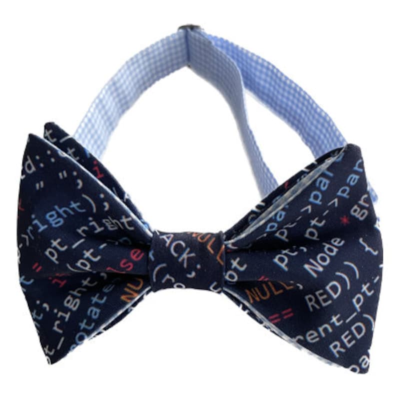 May include: A blue bow tie with a white and blue checkered strap. The bow tie is printed with computer code in various colors, including red, orange, and blue.