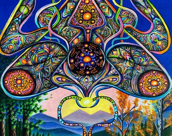 A Drop of Infinity Fine Art Print / Abstract Visionary Psychedelic Patterns Fused With Mountain Lake Side Sunset Landscape