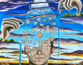 Unfinished Fine Art Print / Human Puzzle Piece Face Abstract Visionary Portrait Mountains Landscape Sunset Artwork