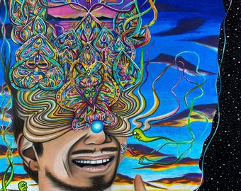 Ego Dissolution Fine Art Print / Abstract Visionary Art Print of Human Face Melting Into Vibrant Psychedelic Colors with sunset and space