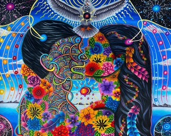 Agape Fine Art Print / Abstract Visionary Art of Man and Women Kissing With Colorful Flowers and Designs Laced Together With Love