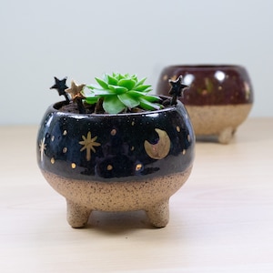 Night Sky - Cute Handmade Ceramic Flowerpot/ Indoor Planters, For Succulent, Herbs, Cactus, Cute Office Desk Accessories