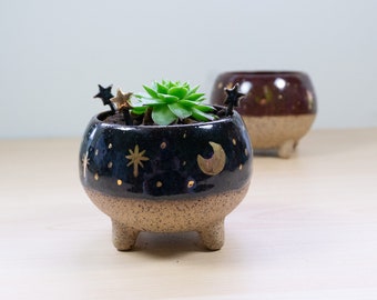 Night Sky - Cute Handmade Ceramic Flowerpot/ Indoor Planters, For Succulent, Herbs, Cactus, Cute Office Desk Accessories