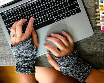 Sleek Black White Tweed Hand Warmers Fleece lined, Unisex Wrist Warmer computer, Typing Gloves, Fingerless Gloves for coder, office wear