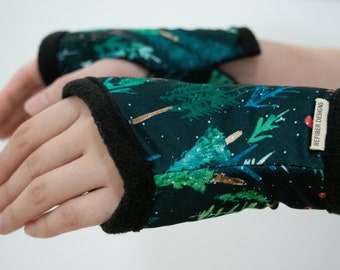 Forest Green Hand Warmer Fleece lined, Unisex Wrist Warmer computer, Typing Glove, Black Fingerless Glove texting, gift for gamer coder yoga