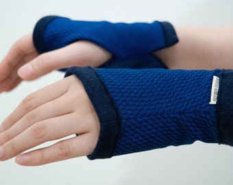 Sporty Blue Hand Warmers, Bamboo Fleece lined fingerless gloves, Mens Womens Unisex Wrist Warmer Computer, Typing, texting, gamer gloves