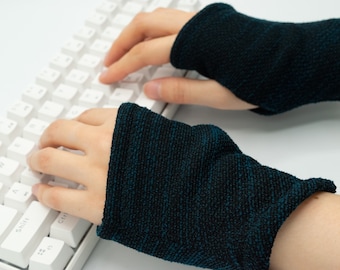 Textured Black/Teal Fingerless Gloves, Typing Texting Gloves Fleece lined, unisex hand warmer, knit wrist warmer, office, computer work