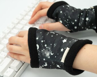 Stars Moon Celestial Zodiac Hand Warmer Fleece lined, Unisex Wrist Warmer, Computer Typing Glove, Black Fingerless Texting Gaming Glove